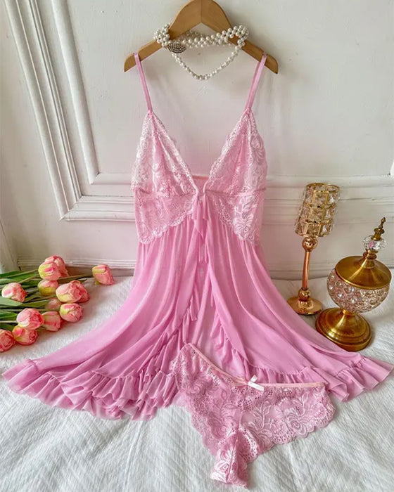 Ladies' Sexy Ruffle Trim Lace Cami Nightdress & Bow Decor Panty Set