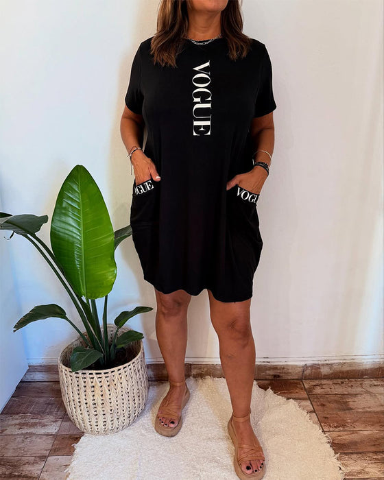 Casual Short-Sleeved Loose Letter Print Dress