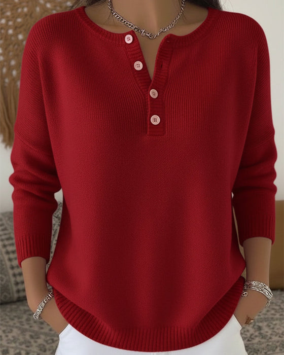 Long-Sleeved Button-Down Solid Color Jumper