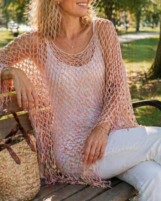 Fringe Mesh Hollow Out Pullover