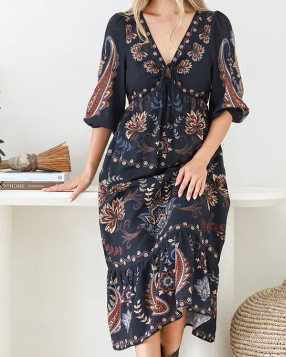 V-Neck Bubble Sleeve Dress
