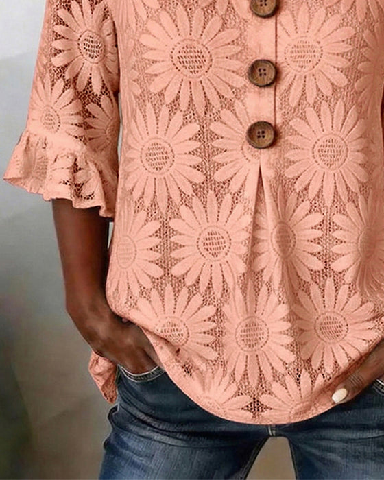 Ruffled Daisy-Print Blouse With Ruffle Sleeves