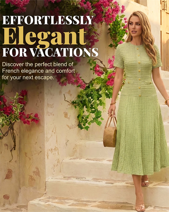 Crew Neck Slim Fit Button Patchwork Dress