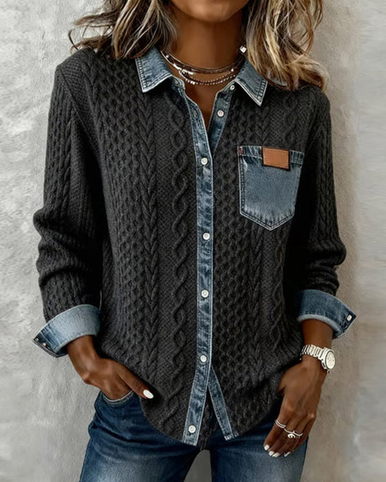 Long-Sleeved Denim Patchwork Shirt