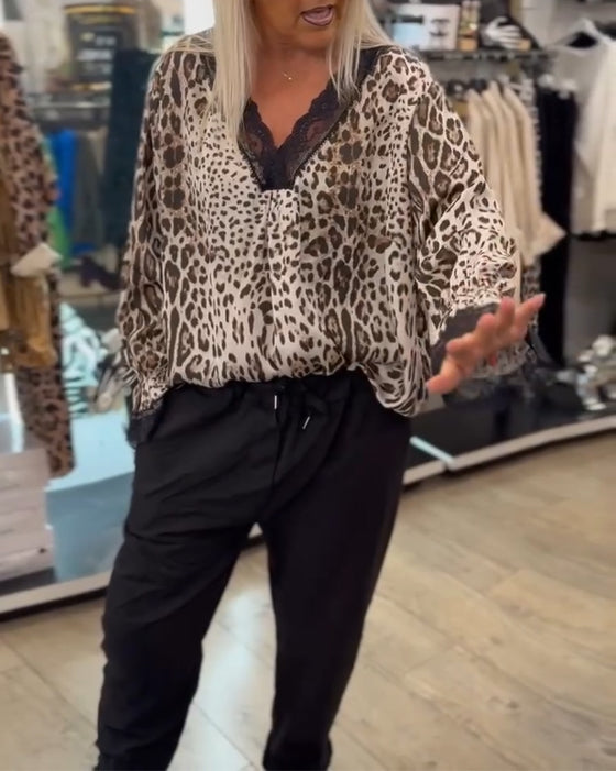 Fashion leopard print V-neck lace patchwork blouse