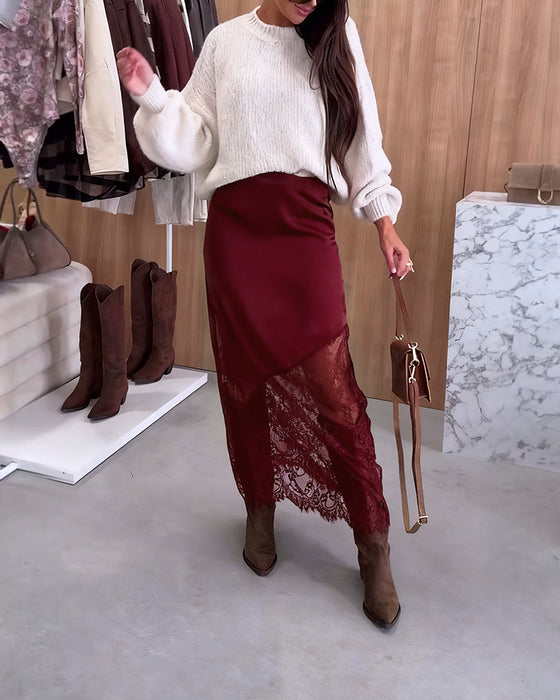 Elegant Satin Lace Patchwork Skirt