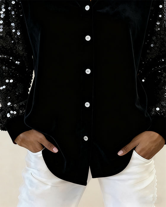 Lapel Sequined Long-Sleeved Shirt