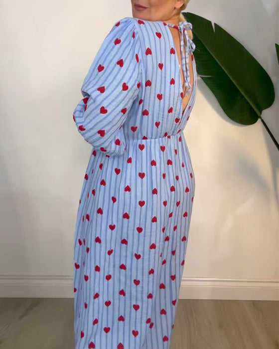 Elegant V-Neck Heart Print Dress