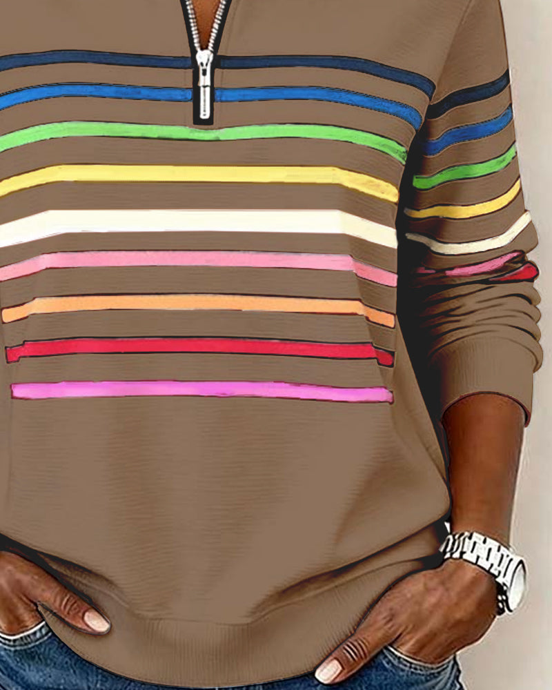 Half-Zip Collar Fashionable Rainbow Striped Sweatshirt