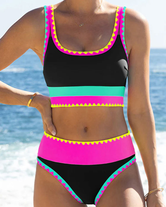 Stylish Color-Blocked Three-Piece Swimsuit