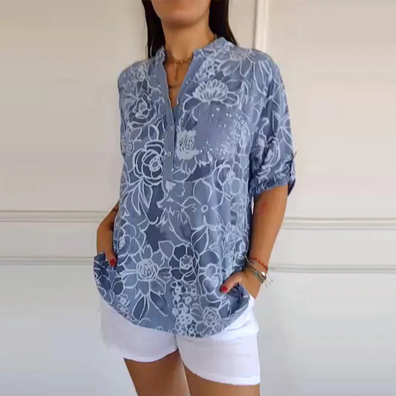 V-Neck Button-Down Printed Blouse