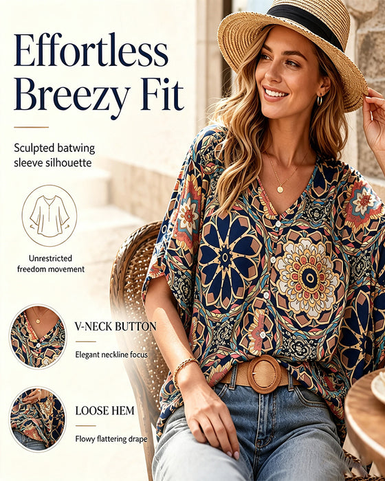 Retro printed V-neck button half sleeve blouse