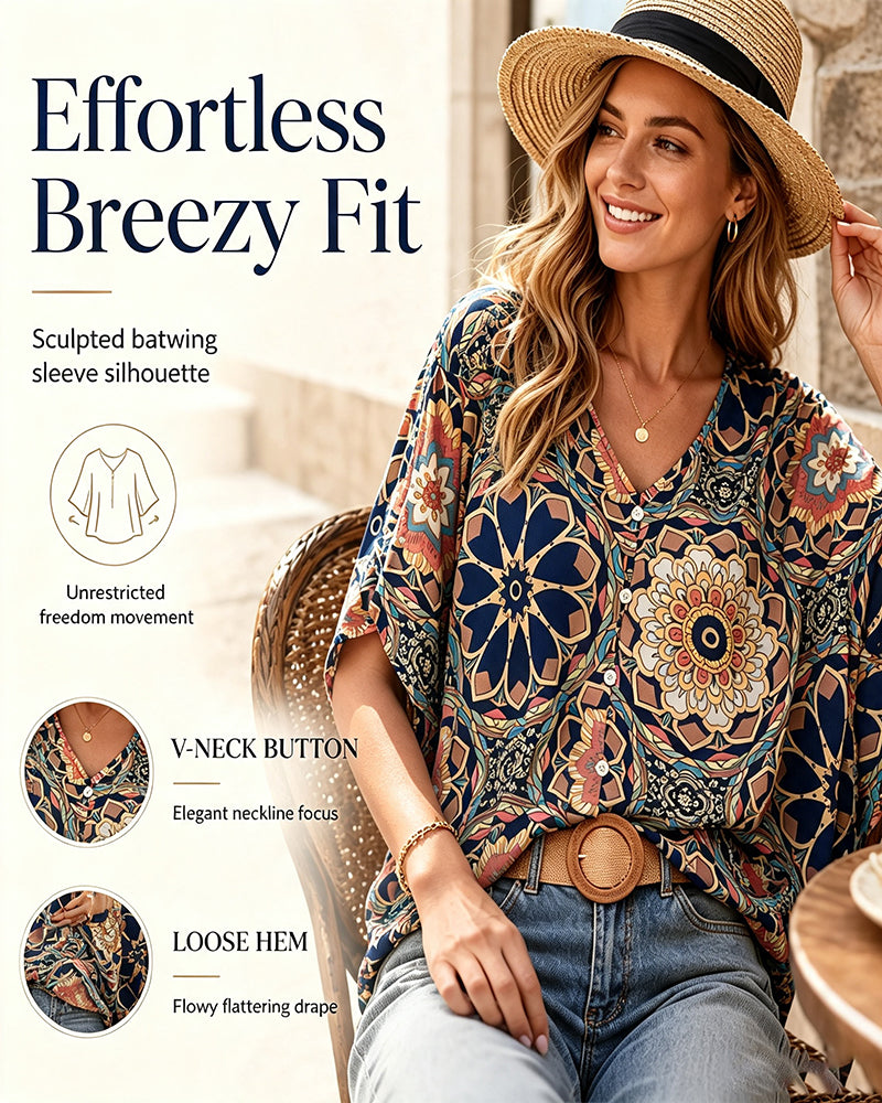 Retro printed V-neck button half sleeve blouse