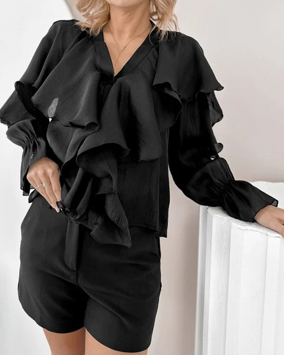 Solid Color Ruffled V-Neck Blouse