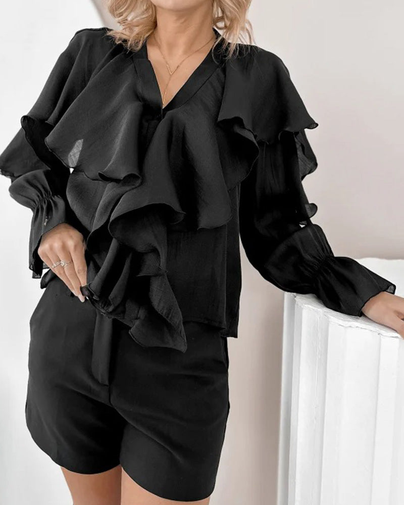 Solid Color Ruffled V-Neck Blouse