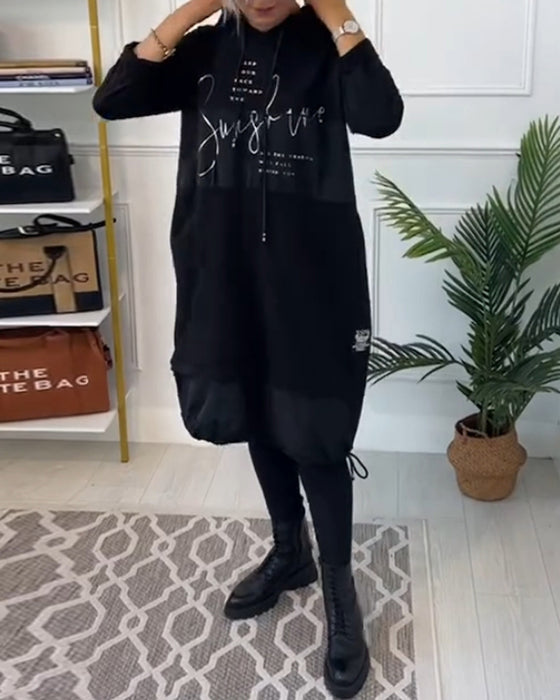 Casual color block letter print pocket hooded dress