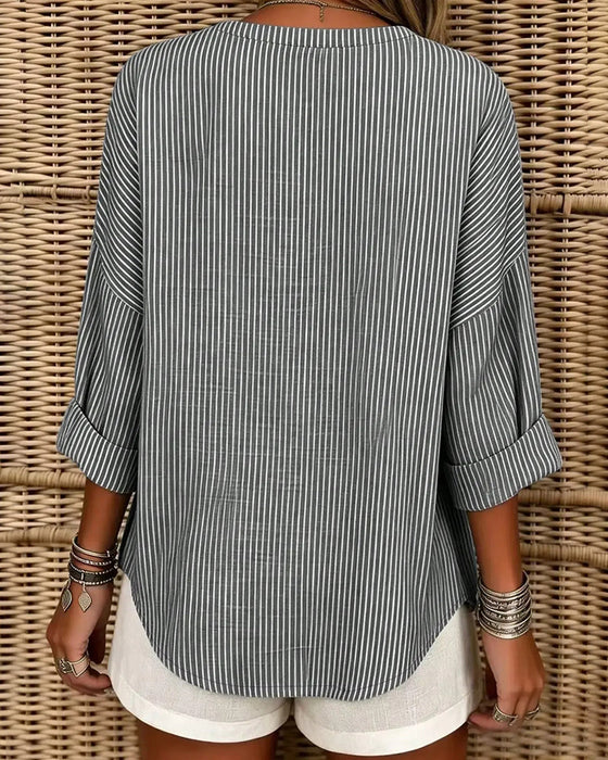 V-Neck Stripe Irregular Long Sleeve Top