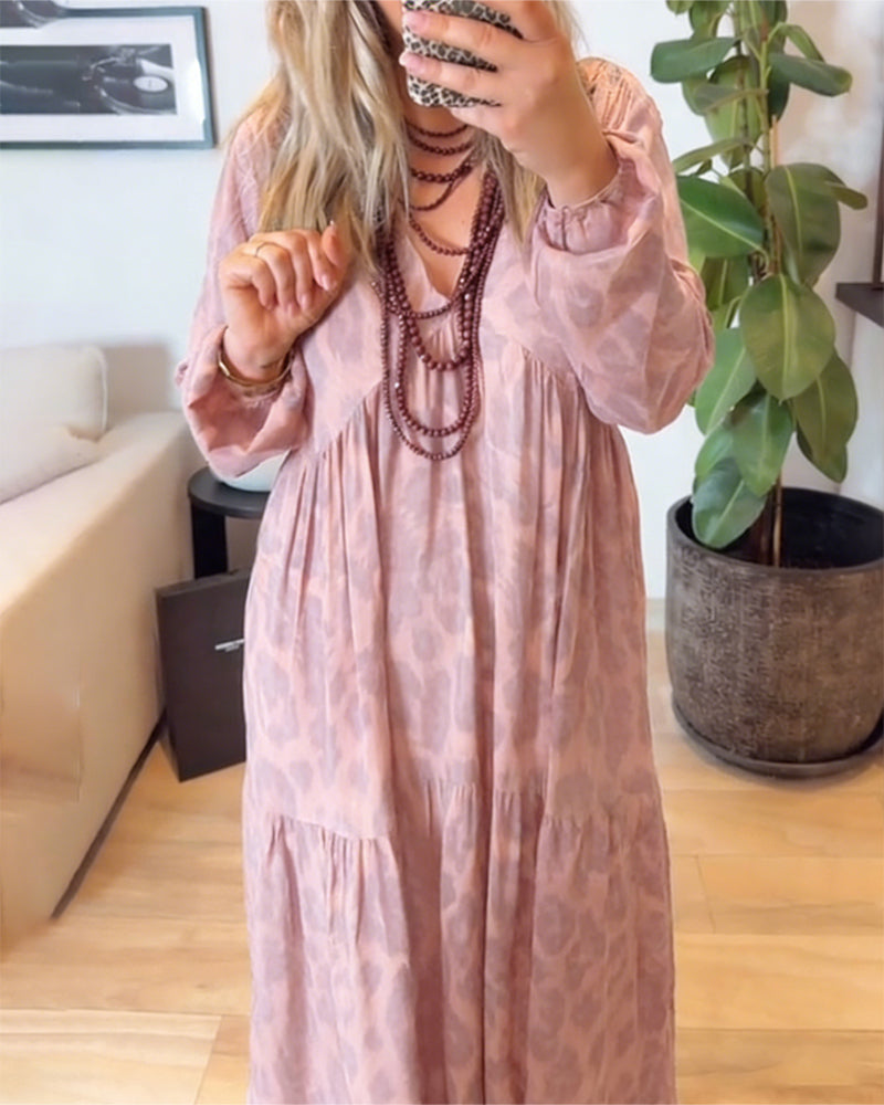 V-Neck Leopard Print Fashion Maxi Dress