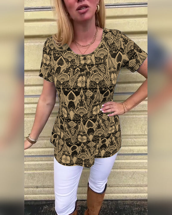 Casual Retro Crew Neck Printed T-Shirt