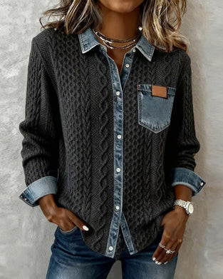 Long-Sleeved Denim Patchwork Shirt