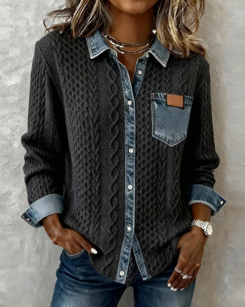 Long-Sleeved Denim Patchwork Shirt