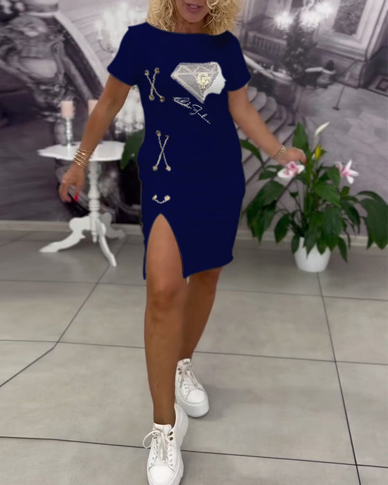 Printed Fitted Slit Dress