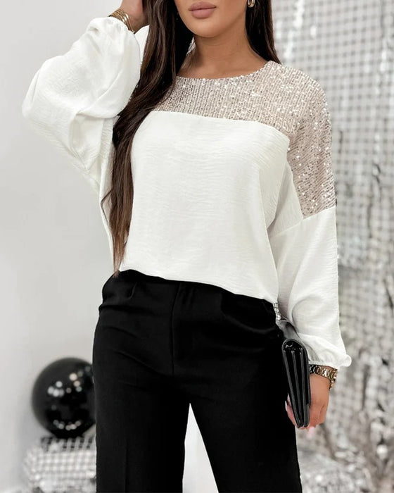 Batwing Sleeve Sequined Patchwork Top