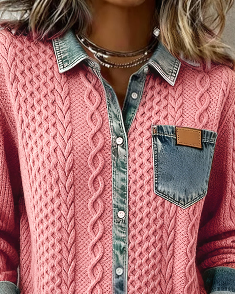 Long-Sleeved Denim Patchwork Shirt