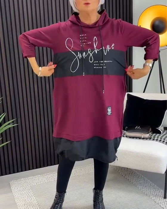 Casual color block letter print pocket hooded dress