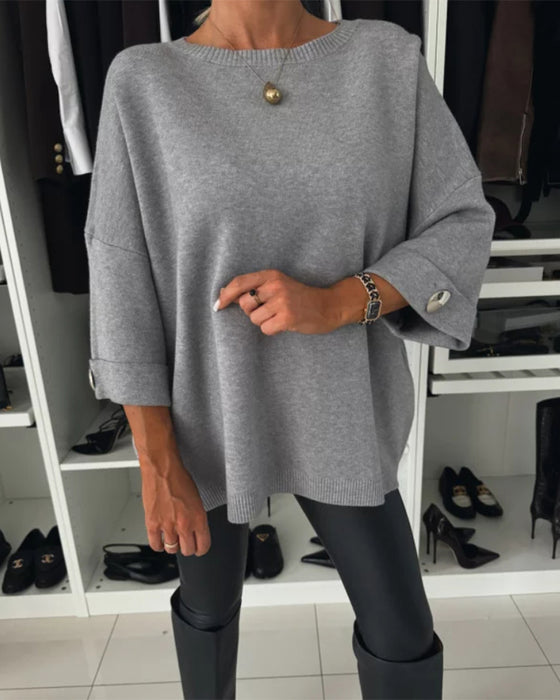 Fashion solid color round neck button pullover