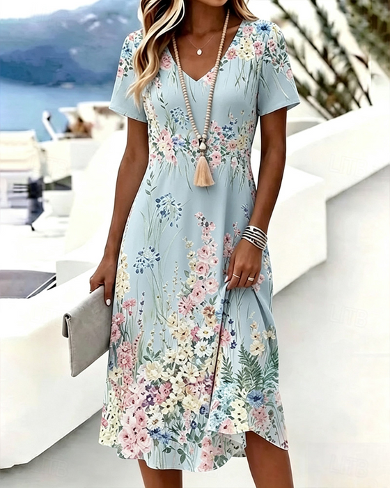 V-Neck Floral Short Sleeve A-Line Dress