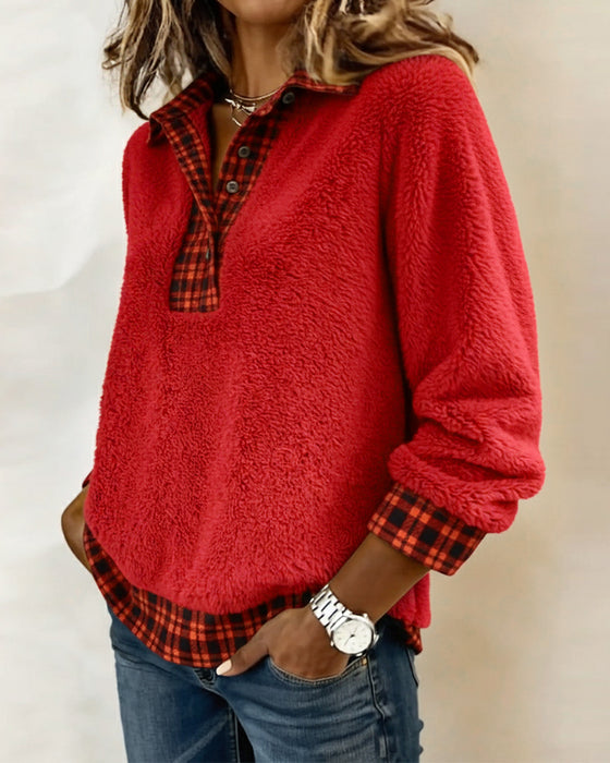 Plaid Collar Patchwork Solid Color Top