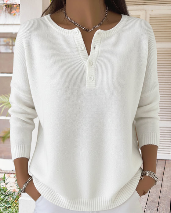 Long-Sleeved Button-Down Solid Color Jumper