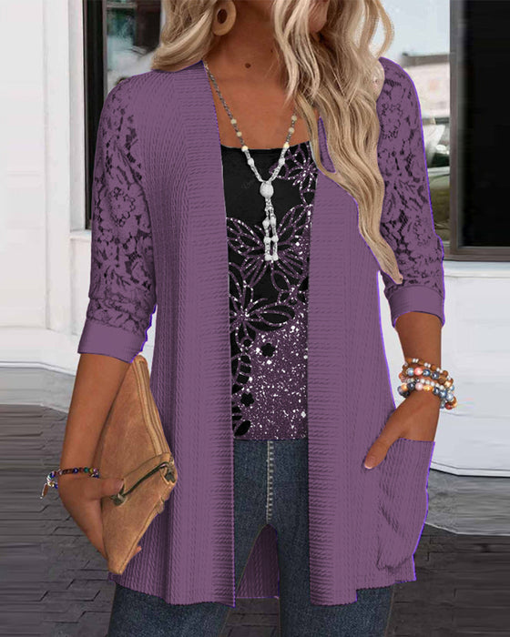 Casual butterfly lace patchwork pocket top