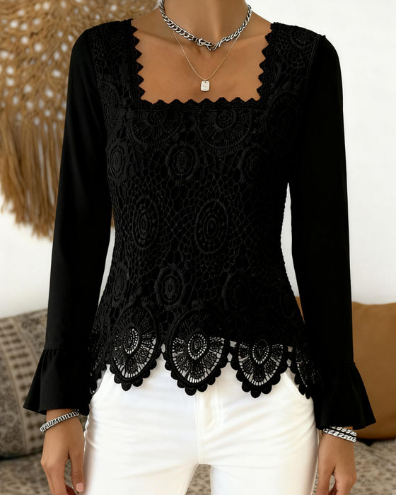 Crocheted Wide-Neck Patchwork Blouse