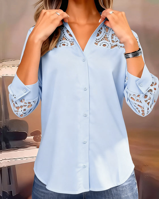 Solid Color Lapel Lace Patchwork Blouse