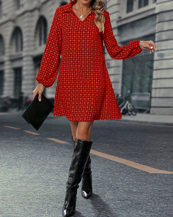 Lapel Long Sleeve Printed Dress