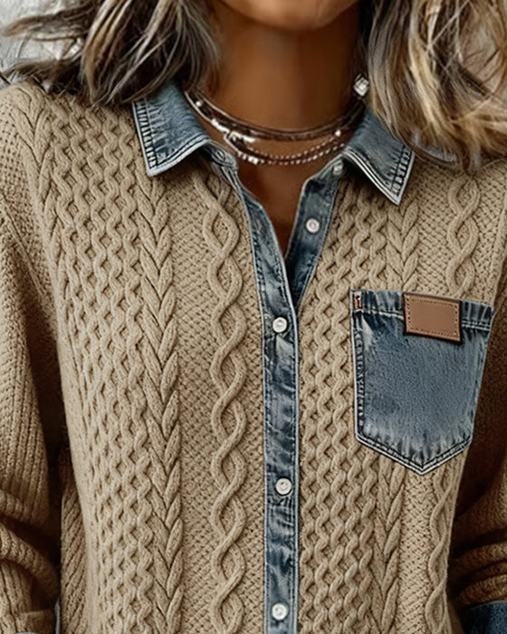 Long-Sleeved Denim Patchwork Shirt