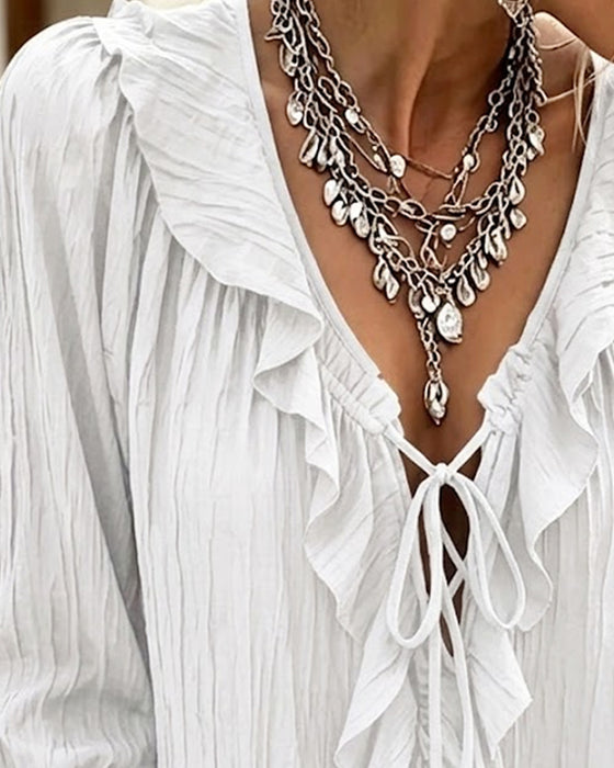 Ruffle Trim Lace-Up Long Sleeve Blouse