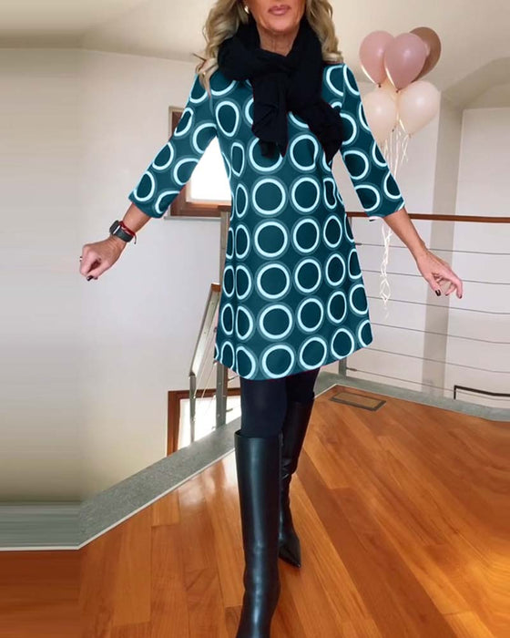 Round neck circle print casual dress