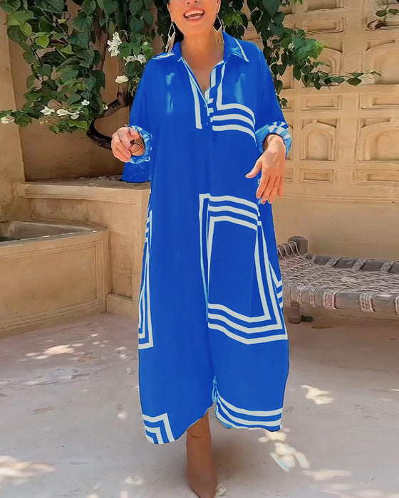 Lapel rectangular printed casual dress