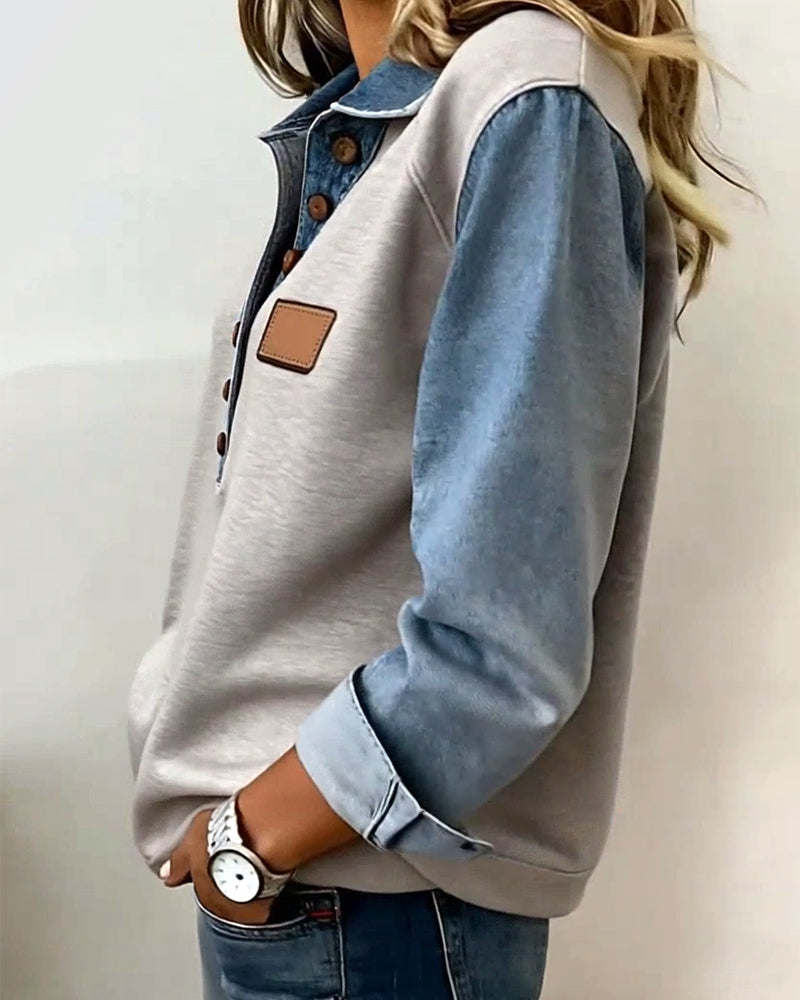 Stylish Denim Patchwork Long-Sleeved Sweatshirt