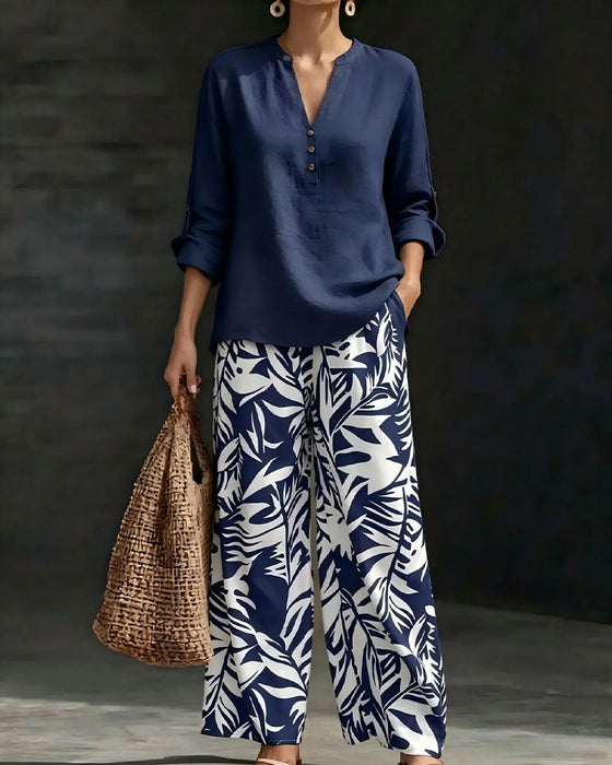 Button-Up Shirt With Printed Wide-Leg Pants Set
