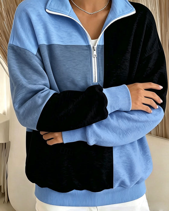Checkered Colorblock Zip Stand-Collar Sweatshirt
