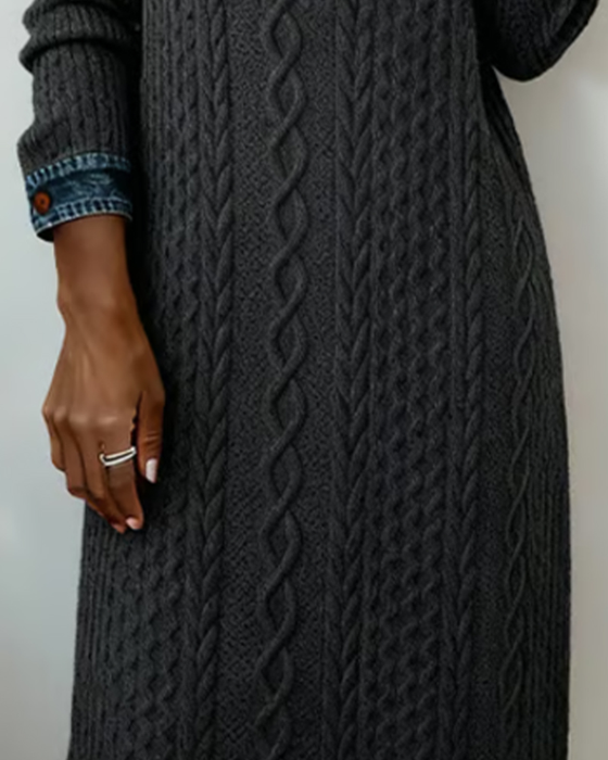 Denim cable knit patchwork collared dress