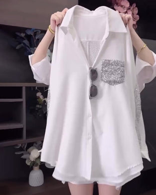 Lapel Sequin Long-Sleeved Shirt