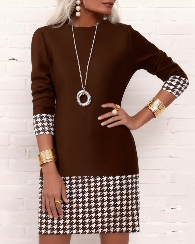 Houndstooth Paneled Long-Sleeved Dress