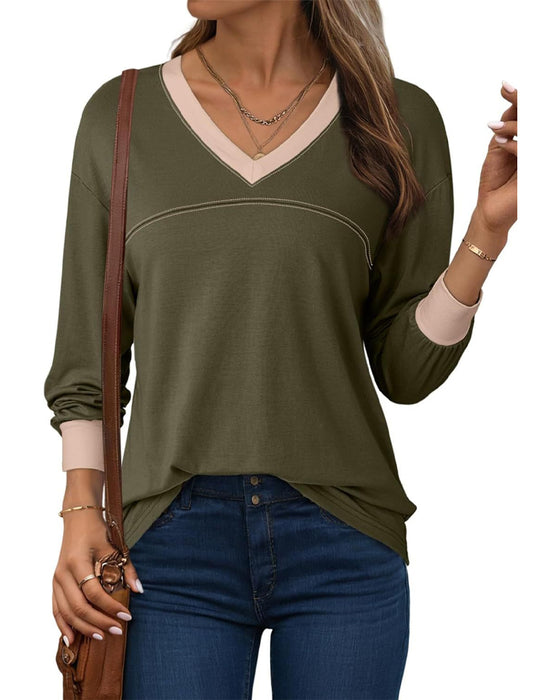 Contrast V-Neck Relaxed Blouse