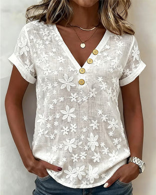 Solid Color 3d Floral V-Neck Blouse