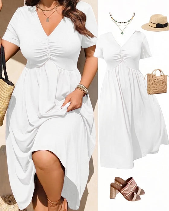 V-Neck Shirred Short Sleeve Flared Dress